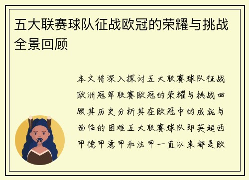五大联赛球队征战欧冠的荣耀与挑战全景回顾